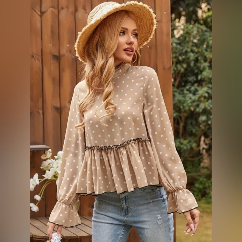 Cottage Polka-Dot Ruffle Trim Blouse